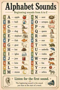 Laminated Phonics Posters Alphabet Sounds Vintage Classroom Poster Dry Erase Wall Art 16x24