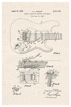 Famous Electric Guitar 1956 Official Patent Diagram Musical Stringed Instrument Tan Diagram Illustration Sketch Rock Roll Band Music Decoration Cool Huge Large Giant Poster Art 36x54