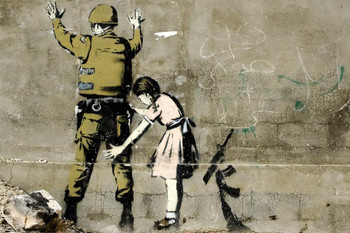 Banksy Girl Searching Soldier Graffiti Art Political Kid Child Painting Pat Down Satirical Satire Building Artist Street Vandal Stencils Urban Brick Wall Peace Cool Huge Large Giant Poster Art 54x36