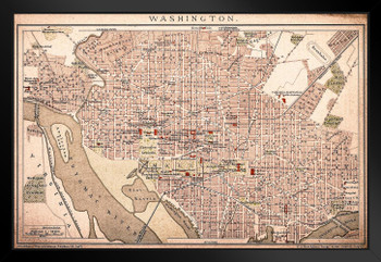 Washington DC Vintage 1898 Antique Style Map Black Wood Framed Art Poster 20x14