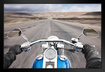 Open Road from Behind Handlebars of Motorcycle Photo Black Wood Framed Art Poster 20x14
