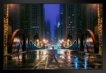 Clark Street Bridge Chicago Illinois at Night Photo Art Print Black Wood Framed Poster 20x14