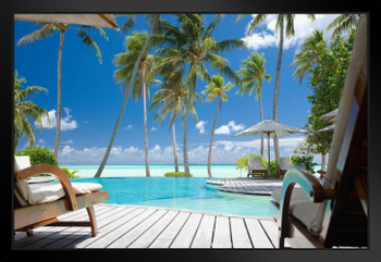 Lawn Chairs Near Infinity Pool Under Palm Trees in Tropical Paradise Photo Black Wood Framed Art Poster 20x14