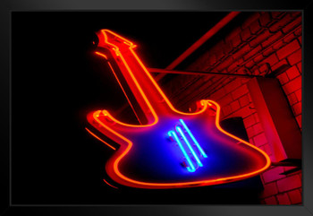 Red Neon Guitar Musical Instrument Sign Photo Art Print Black Wood Framed Poster 20x14