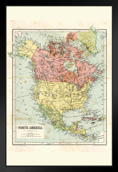 North America 19th Century Antique Style Map Travel World Map with Cities in Detail Map Posters for Wall Map Art Wall Decor Geographical Illustration Travel Black Wood Framed Art Poster 14x20