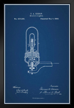 Thomas Edison Electric Light Bulb 1880 Official Patent Blueprint Diagram Filament Bulb Science Engineering Math Educational Sign Decoration Black Wood Framed Art Poster 14x20