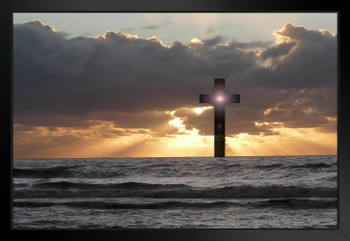 Easter Cross in the Horizon Sunset Inspirational Photo Art Print Black Wood Framed Poster 20x14