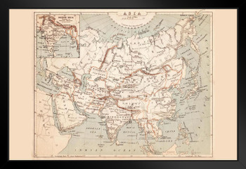 Asia 1869 Vintage Antique Style Map Travel World Map with Cities in Detail Map Posters for Wall Map Art Wall Decor Geographical Illustration Travel Destinations Black Wood Framed Art Poster 20x14