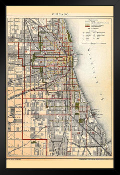 City of Chicago Illinois Historic Antique Style Map Black Wood Framed Art Poster 14x20