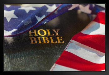 American Flag Draped over Holy Bible Art Print Black Wood Framed Poster 20x14