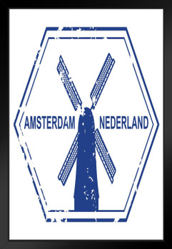 Amsterdam Netherland Passport Rubber Stamp Travel Art Print Black Wood Framed Poster 14x20