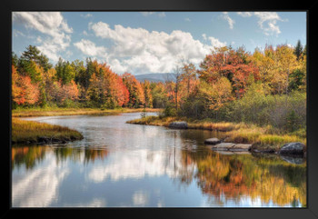 Maine River Colorful Fall Foliage Leaves Changing Trees Lake New Hampshire New England Sky Reflection Landscape Photo Photograph Black Wood Framed Art Poster 20x14