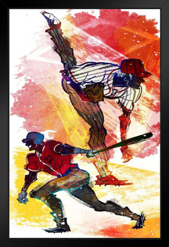 Baseball Player Playing Baseball Art Print Black Wood Framed Poster 14x20