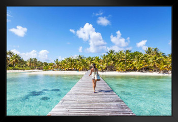 Beautiful Woman Walking on Jetty Tropical Island Photo Art Print Black Wood Framed Poster 20x14