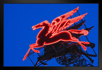 Neon Pegasus Sign Under Dusk Sky Magnolia Building Dallas Texas Photo Black Wood Framed Art Poster 20x14