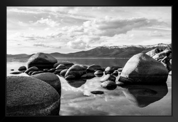 Stones Rocks Reflecting Water Lake Tahoe California Black White Photo Photograph Beach Sunset Landscape Pictures Scenic Scenery Nature Photography Paradise Black Wood Framed Art Poster 20x14