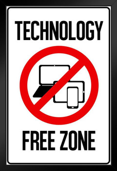 Technology Free Zone Warning Sign Black Wood Framed Art Poster 14x20