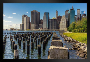 Downtown New York CIty NYC Manhattan from Brooklyn Bridge Photo Art Print Black Wood Framed Poster 20x14