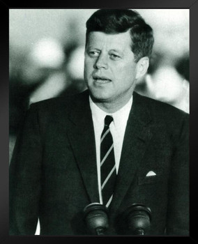 John Fitzgerald Kennedy JFK Speech Black & White Photograph Black Wood Framed Art Poster 14x20