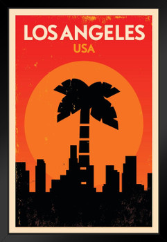 Los Angeles California USA Skyline Palm Tree Retro Travel Art Print Black Wood Framed Poster 14x20