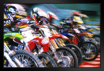 Motocross Racing Motorbikes Poster Bikes in Action Race Starting Line Racers Photo Photograph Black Wood Framed Art Poster 20x14