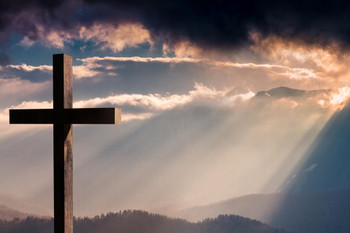 Wooden Cross Crucifix on a Dramatic Colorful Sunset Photo Photograph Cool Wall Decor Art Print Poster 36x24