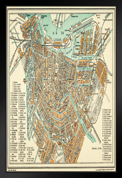 Amsterdam Netherlands Vintage Antique Travel World Map with Cities in Detail Map Posters for Wall Map Art Wall Decor Geographical Illustration Tourist Travel Black Wood Framed Art Poster 14x20