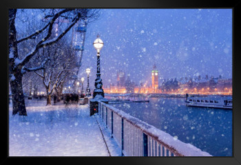 Snowing on Jubilee Gardens in London at Dusk Photo Art Print Black Wood Framed Poster 20x14