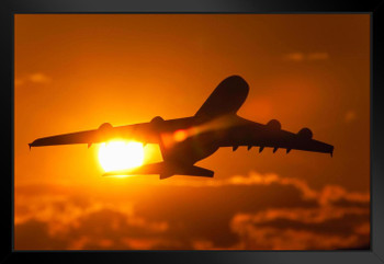 Airbus A380 Commercial Airplane Flying Into Sunset Photo Art Print Black Wood Framed Poster 20x14