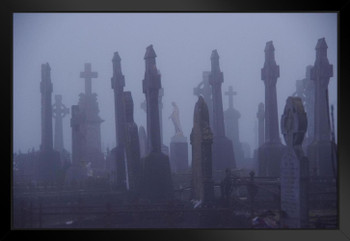 Graveyard Cemetery Photo Photograph Creepy Spooky Scary Halloween Decoration Black Wood Framed Art Poster 20x14