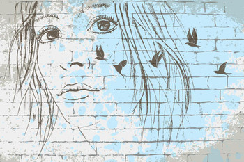 Dreamy Look Graffiti Young Womans Face and Doves Illustration Cool Wall Decor Art Print Poster 36x24