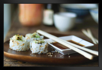 Sushi sauce and Chopsticks on Tray Photo Art Print Black Wood Framed Poster 20x14