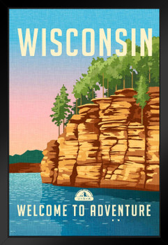 Wisconsin Welcome To Adventure Retro Vintage Travel Outdoor Nature Landscape State Park National Parks Black Wood Framed Art Poster 14x20