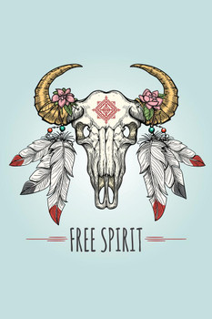 Free Spirit Buffalo Skull With Ornaments And Feathers Cool Wall Decor Art Print Poster 24x36