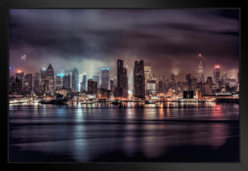 A Gotham Night Stormy New York City NYC Skyline Photo Black Wood Framed Art Poster 20x14