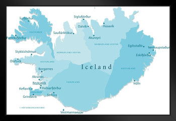 Iceland Vector Map Regions Travel World Map with Cities in Detail Map Posters for Wall Map Art Wall Decor Geographical Illustration Tourist Travel Destinations Black Wood Framed Art Poster 20x14