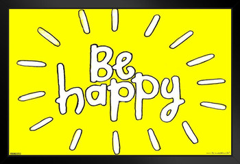 Be Happy Black Wood Framed Art Poster 14x20