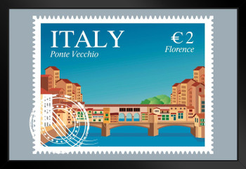 Italy Ponte Vecchio Travel Stamp Art Print Black Wood Framed Poster 20x14