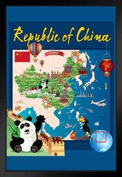 Illustrated Map of China Travel World Map with Cities in Detail Map Posters for Wall Map Art Wall Decor Geographical Illustration Tourist Travel Destinations Black Wood Framed Art Poster 14x20