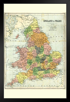 England and Wales 19th Century Antique Style Map Black Wood Framed Poster 14x20