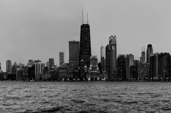Chicago Illinois Skyline from Lake Michigan Black and White B&W Photo Photograph Cool Wall Decor Art Print Poster 36x24