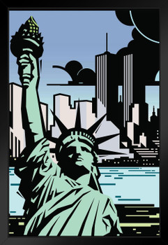 Bright Lights Big City New York City NYC Skyline Statue of Liberty Pop Art Black Wood Framed Poster 14x20
