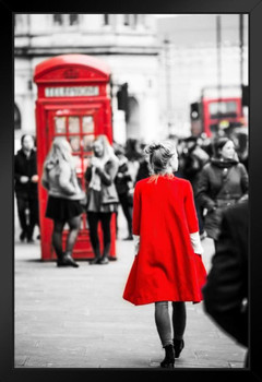 Woman In Red Coat Selected Color London Streets Photo Art Print Black Wood Framed Poster 14x20