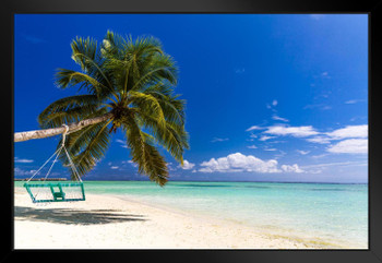 Palm Tree and Swing on Beautiful Maldives Beach Photo Art Print Black Wood Framed Poster 20x14