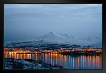 Akureyri City View at Sunset Northern Iceland Photo Art Print Black Wood Framed Poster 20x14