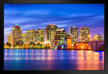 West Palm Beach Florida Skyline Illuminated at Dusk Photo Art Print Black Wood Framed Poster 20x14