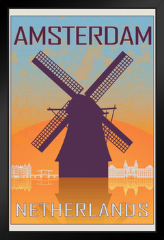 Amsterdam Netherlands Retro Travel Art Black Wood Framed Poster 14x20