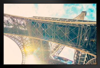 Lens Flare Under Eiffel Tower Paris Vintage Photo Art Print Black Wood Framed Poster 20x14