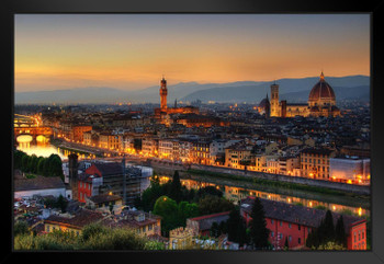 Florence Italy at Dusk with Cathedral of Saint Mary of the Flower Photo Black Wood Framed Art Poster 20x14