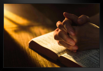 Praying Hands Clasped on Open Bible Art Print Black Wood Framed Poster 20x14